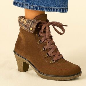 Hiking Boots Heritage Heeled Faux Suede Plaid Cuff Gorpcore Tan Block H4” P1” 9